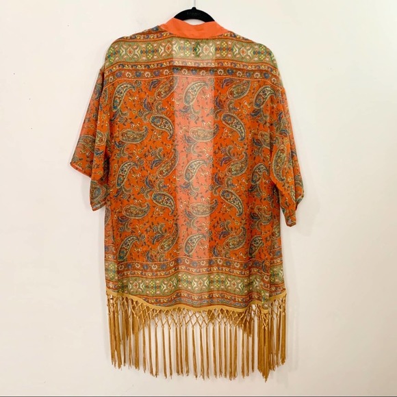 FOREVER 21 Orange Paisley Fringe Kimono Duster - Picture 6 of 6